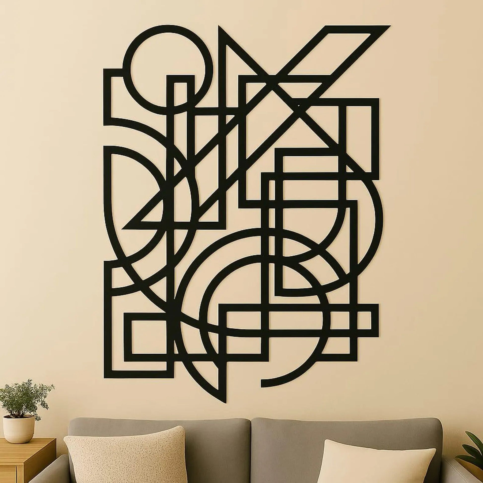 High-quality metal wall art featuring the "Abstract Circle Metal Wall Art" crafted from durable steel with a sleek black powder-coated finish.