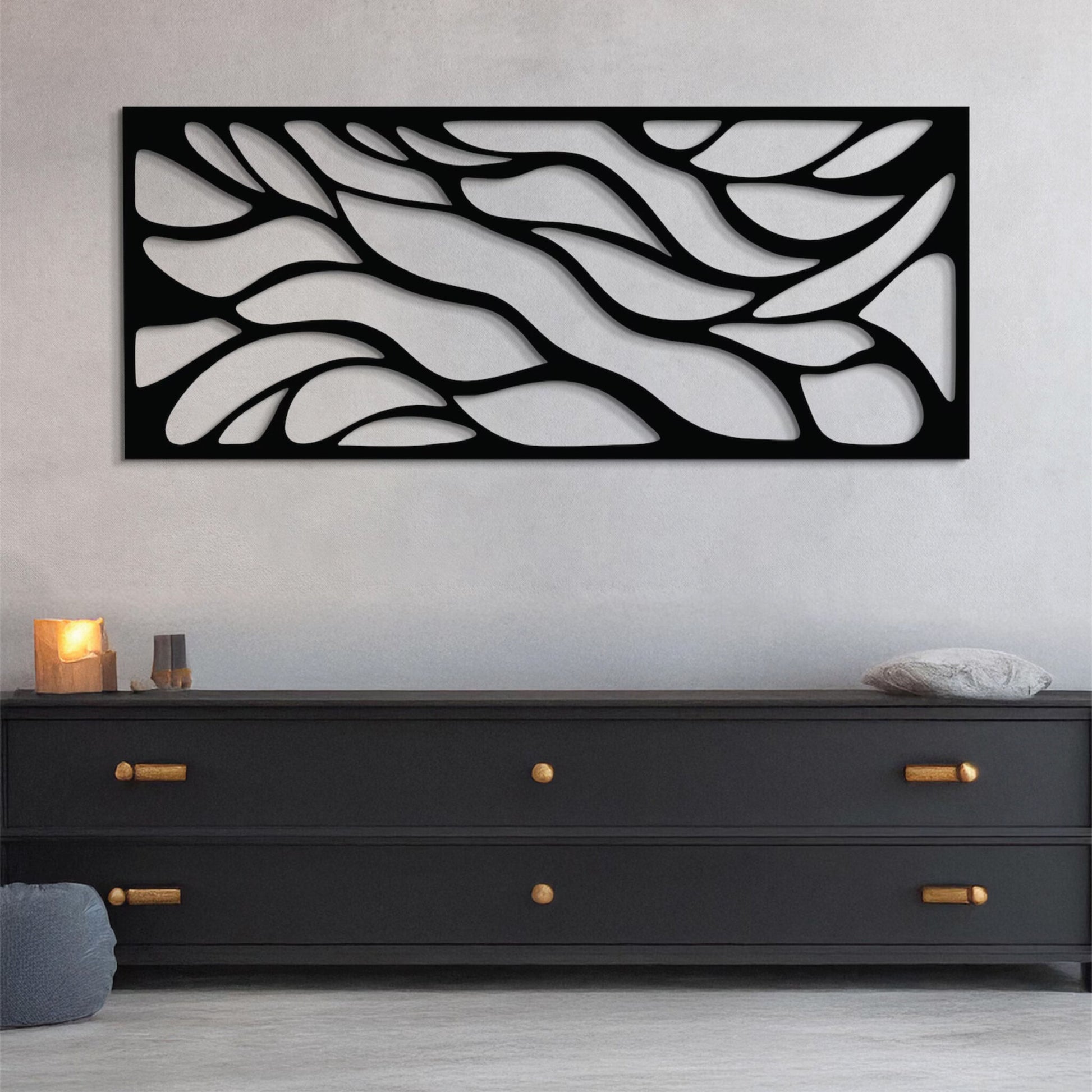 High-quality metal wall art featuring the "Abstract Ocean Waves Metal Wall Art" crafted from durable steel with a sleek black powder-coated finish.