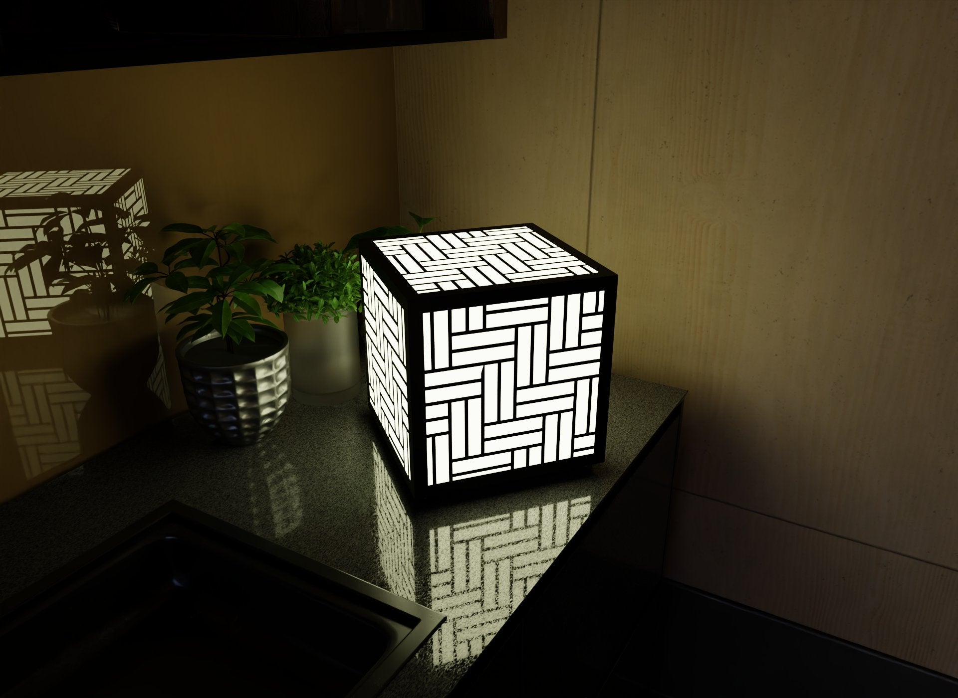 300mm metal cube lamp featuring anbasket weave cut-out pattern, white plexiglass panels, and a textured black finish.