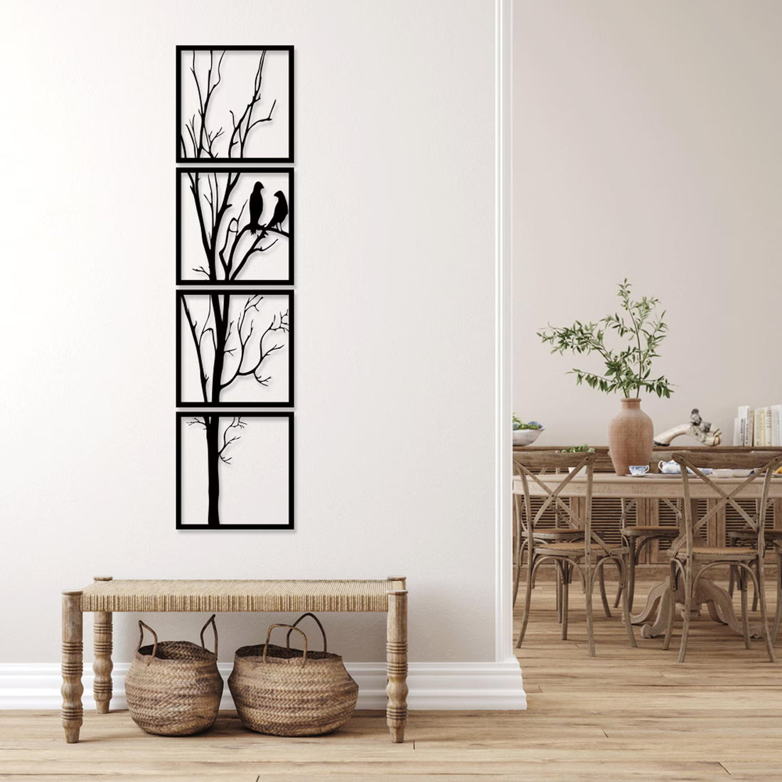 High-quality metal wall art featuring the "Birds Tree Branch Metal Wall Art" crafted from durable steel with a sleek black powder-coated finish.