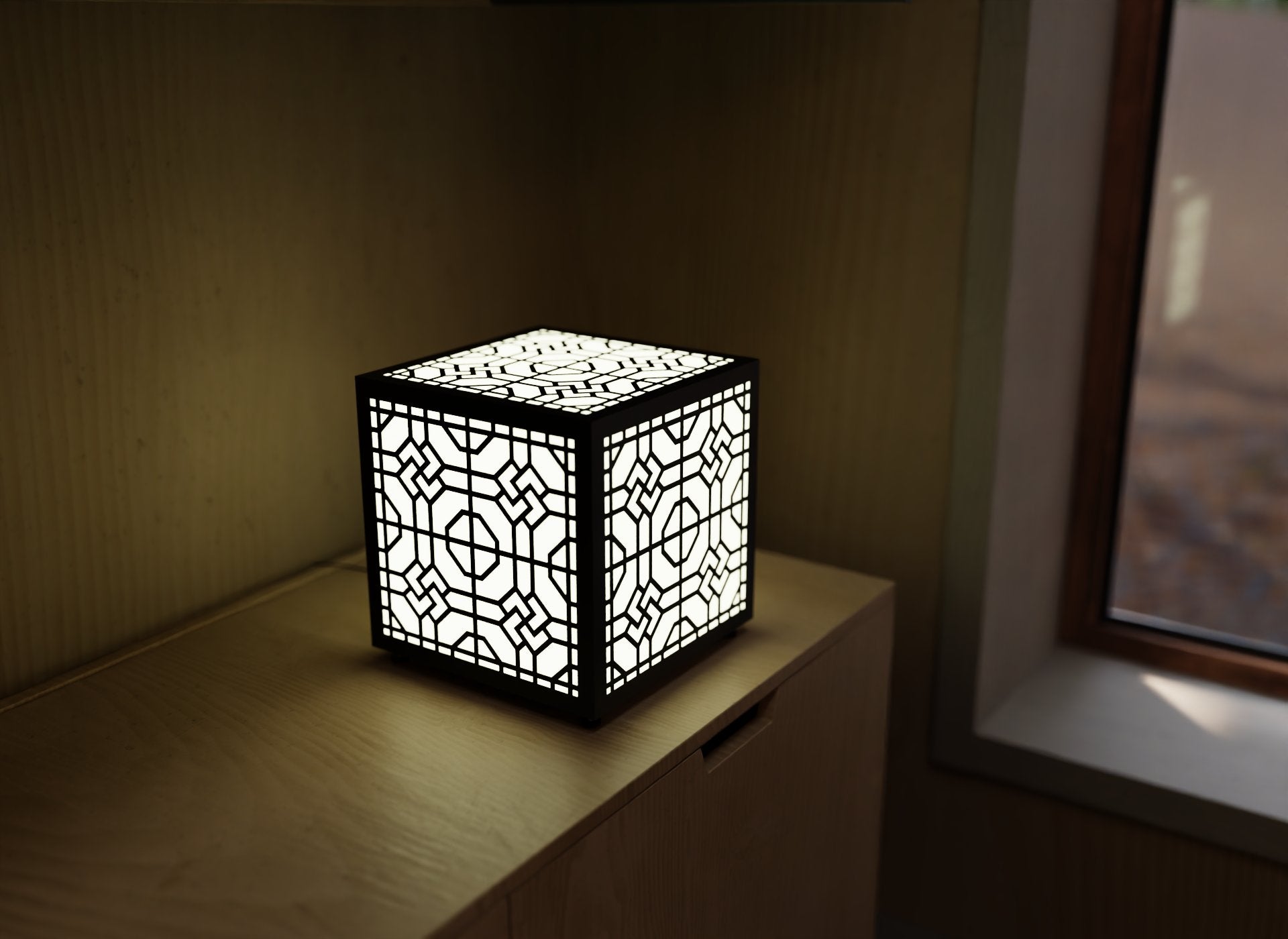 300mm metal cube lamp featuring a Celtic knot cut-out pattern, white plexiglass panels, and a textured black finish.