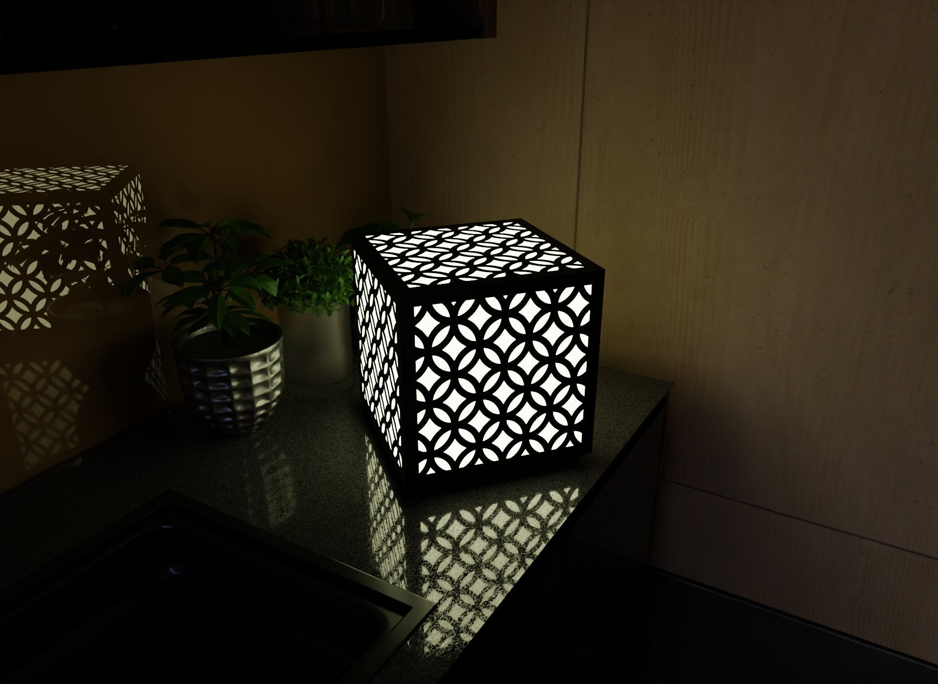 300mm metal cube lamp featuring a circle mosaic cut-out pattern, white plexiglass panels, and a textured black finish.