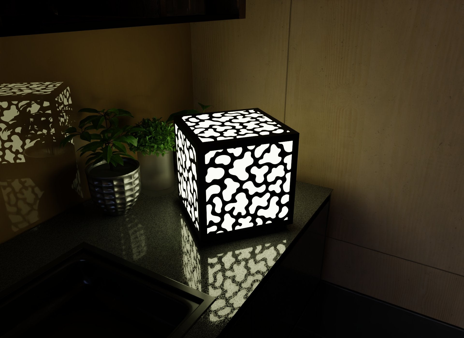 300mm metal cube lamp featuring a coral cut-out pattern, white plexiglass panels, and a textured black finish.