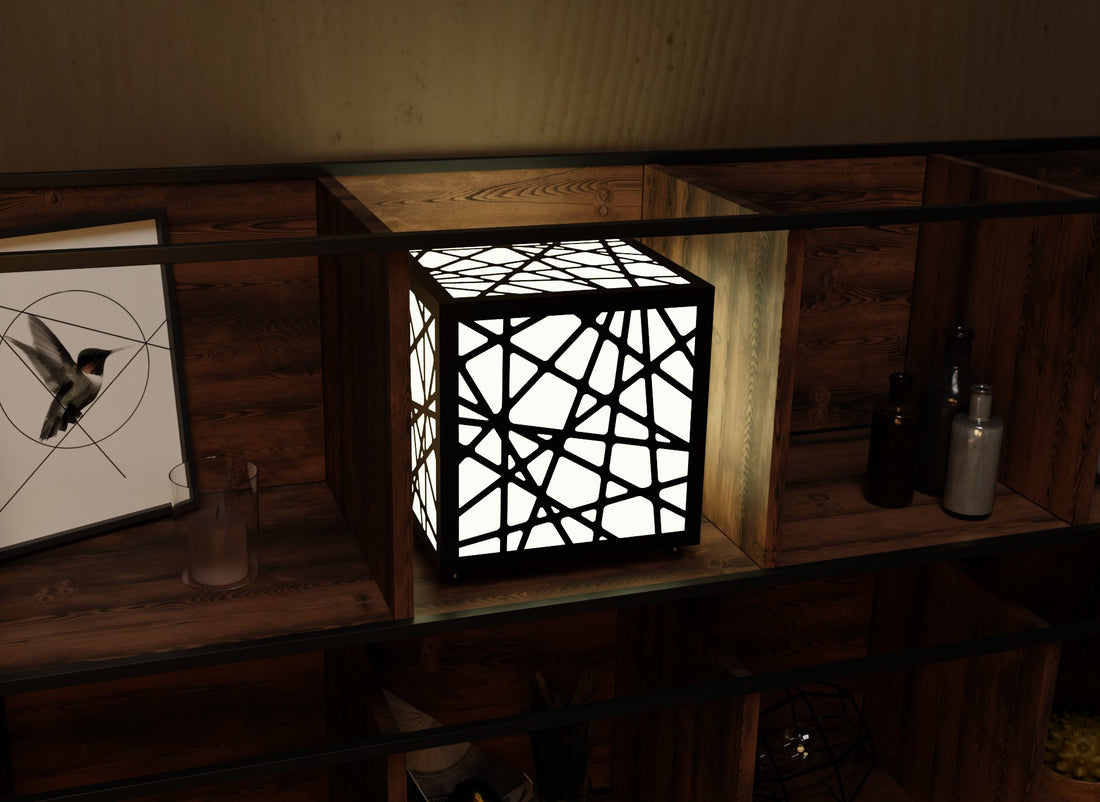 300mm metal cube lamp featuring a cracked ice cut-out pattern, white plexiglass panels, and a textured black finish.
