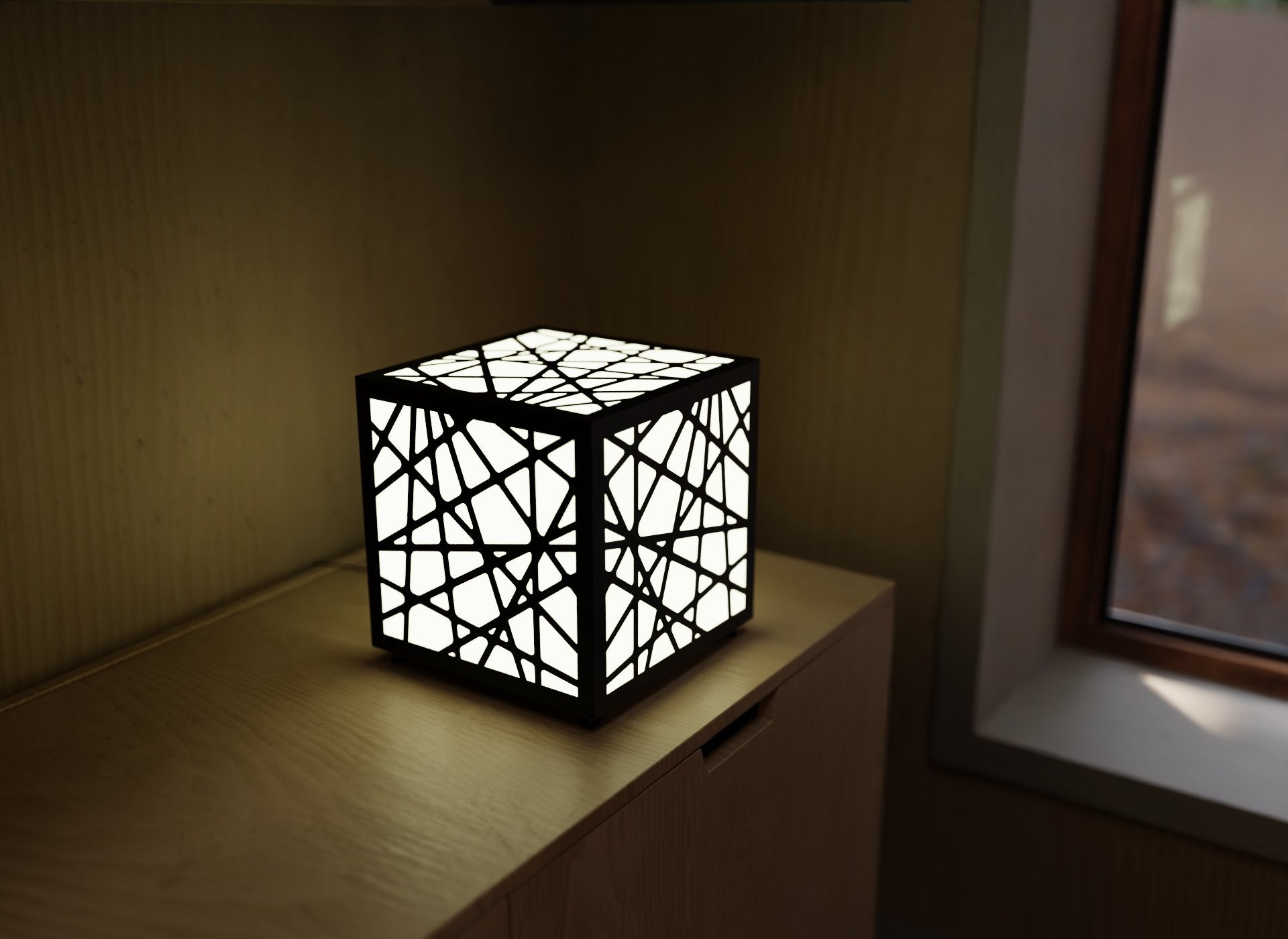 300mm metal cube lamp featuring a cracked ice cut-out pattern, white plexiglass panels, and a textured black finish.