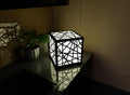 300mm metal cube lamp featuring a cracked ice cut-out pattern, white plexiglass panels, and a textured black finish.
