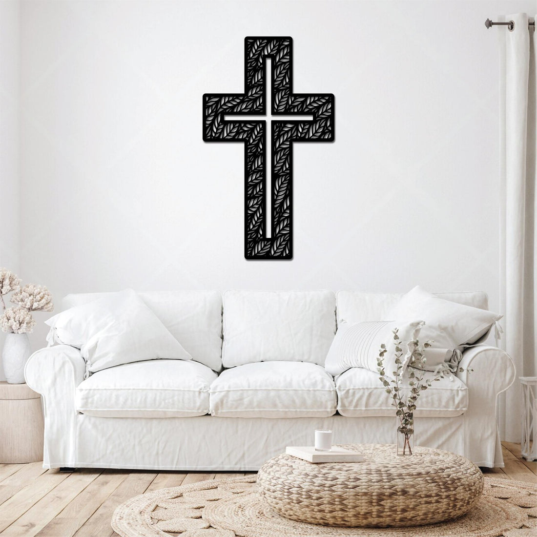 High-quality metal wall art featuring the "Cross in a Cross Metal Wall Art" crafted from durable steel with a sleek black powder-coated finish.