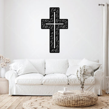 High-quality metal wall art featuring the "Cross in a Cross Metal Wall Art" crafted from durable steel with a sleek black powder-coated finish.