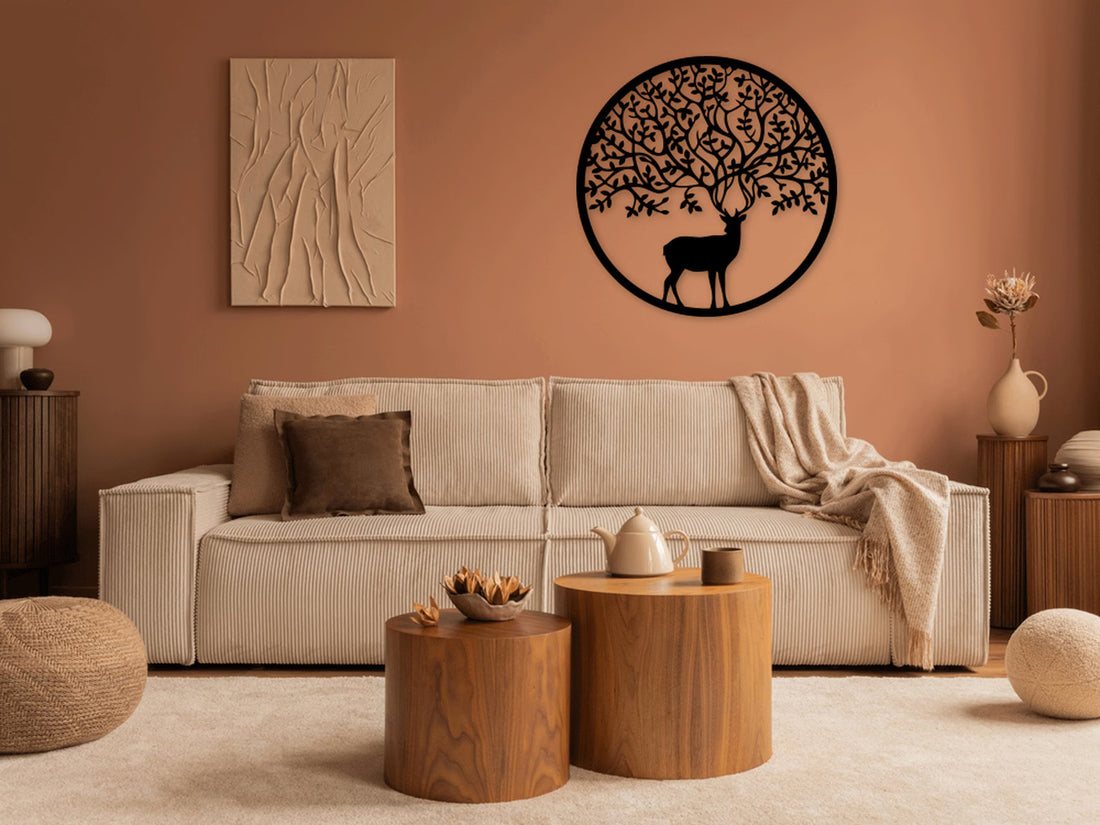High-quality metal wall art featuring the "Deer Horn Tree Metal Wall Art" crafted from durable steel with a sleek black powder-coated finish.