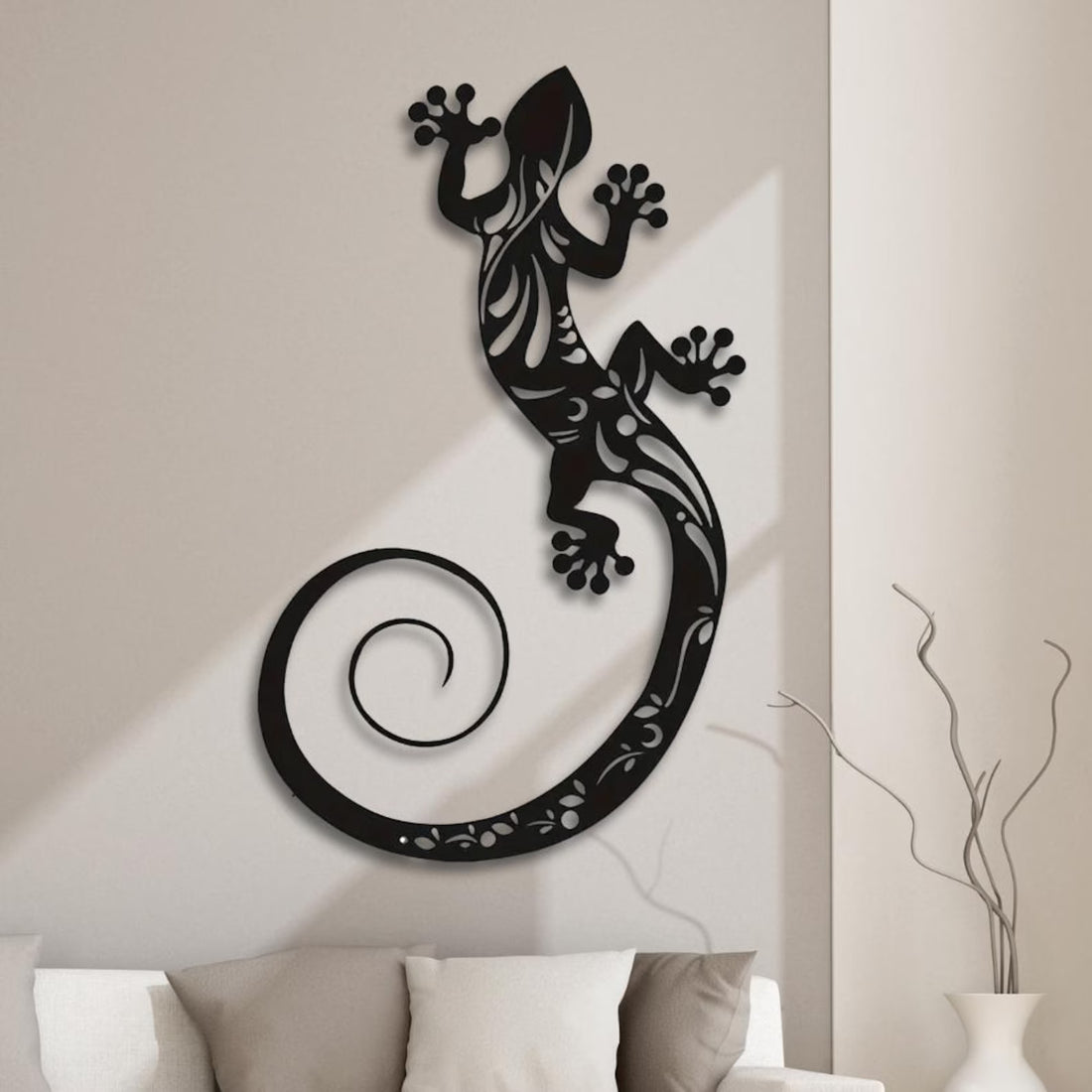 High-quality metal wall art featuring the "Gecko Lizard Metal Wall Art" crafted from durable steel with a sleek black powder-coated finish.