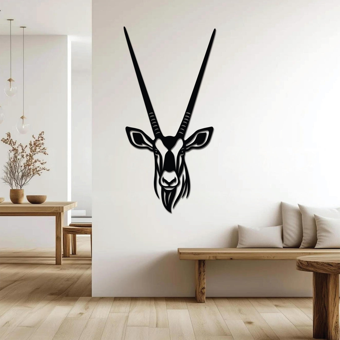 High-quality metal wall art featuring the "Gemsbok Metal Wall Art" crafted from durable steel with a sleek black powder-coated finish.