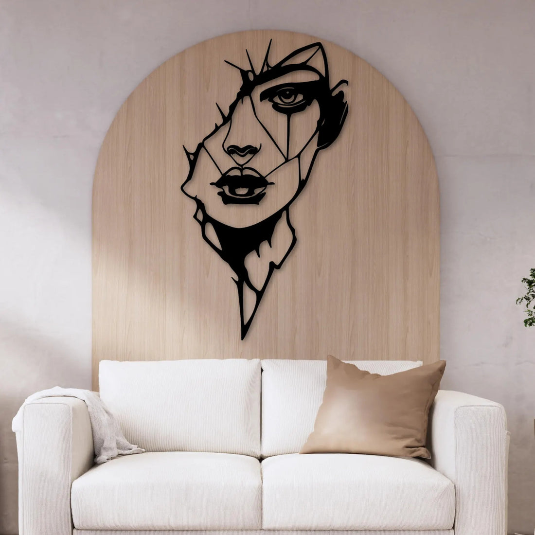 High-quality metal wall art featuring the "Geometric Woman Face Metal Wall Art" crafted from durable steel with a sleek black powder-coated finish.
