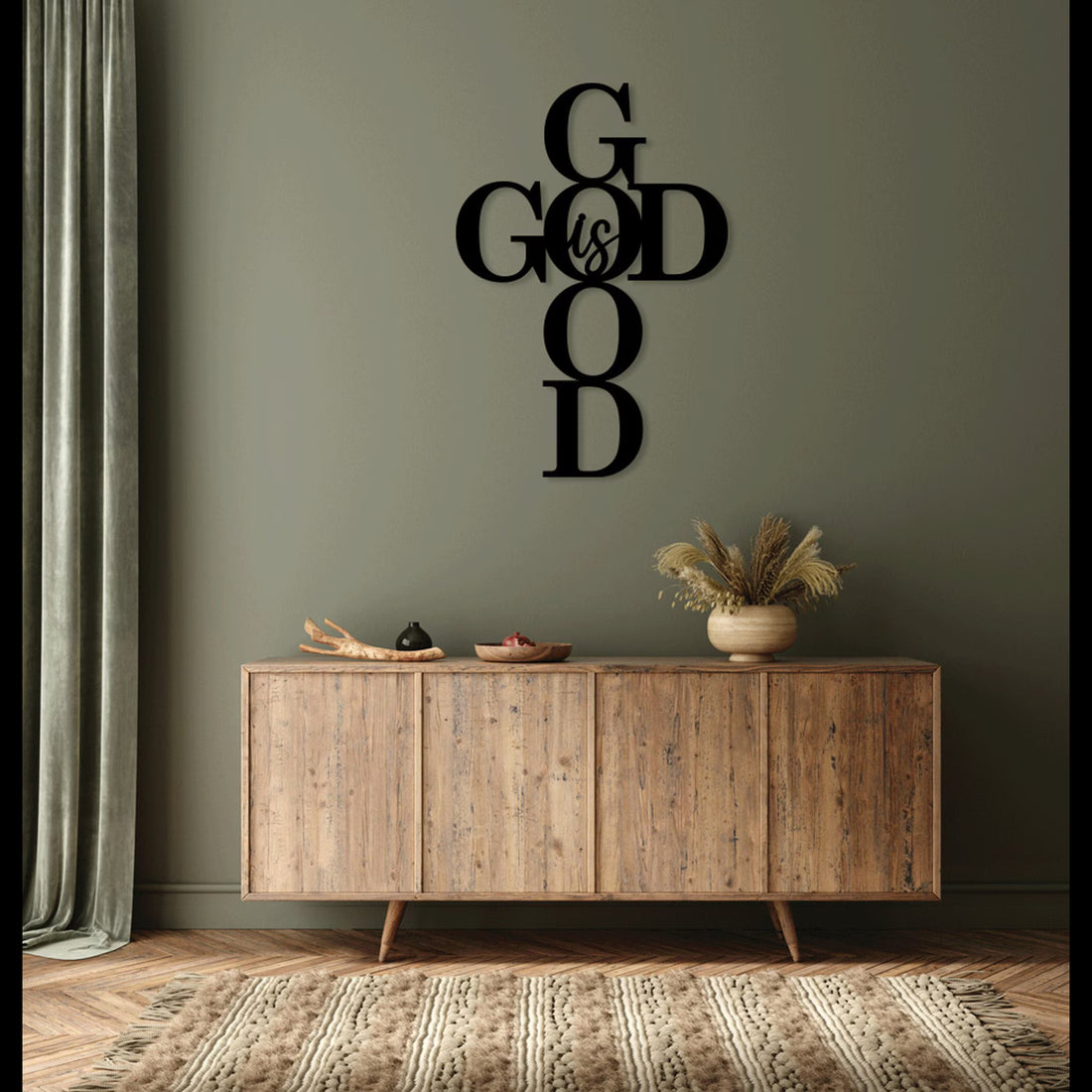 High-quality metal wall art featuring the "God is Good Metal Wall Art" crafted from durable steel with a sleek black powder-coated finish.