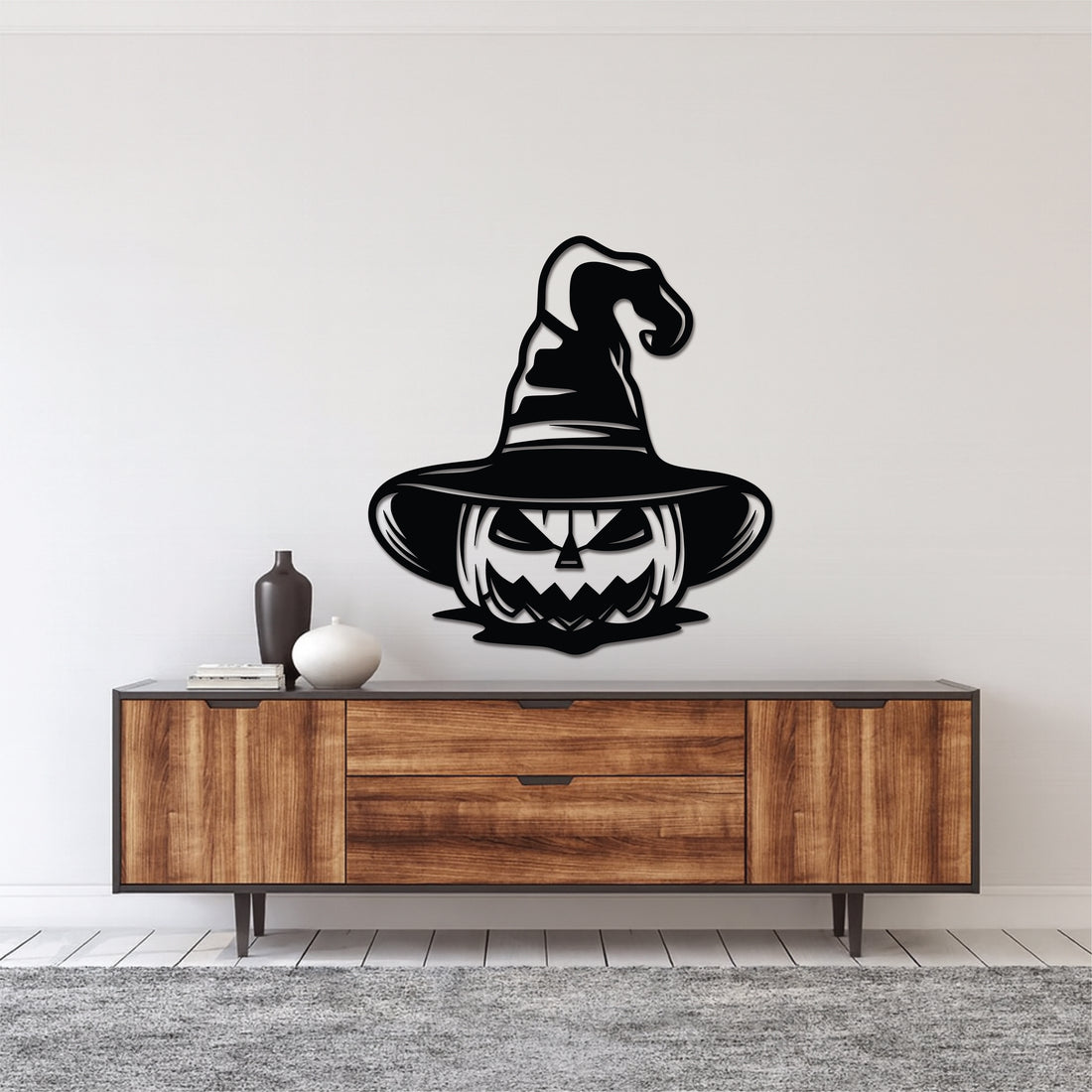 High-quality metal wall art featuring the "Jack O Lantern Metal Wall Art" crafted from durable steel with a sleek black powder-coated finish.