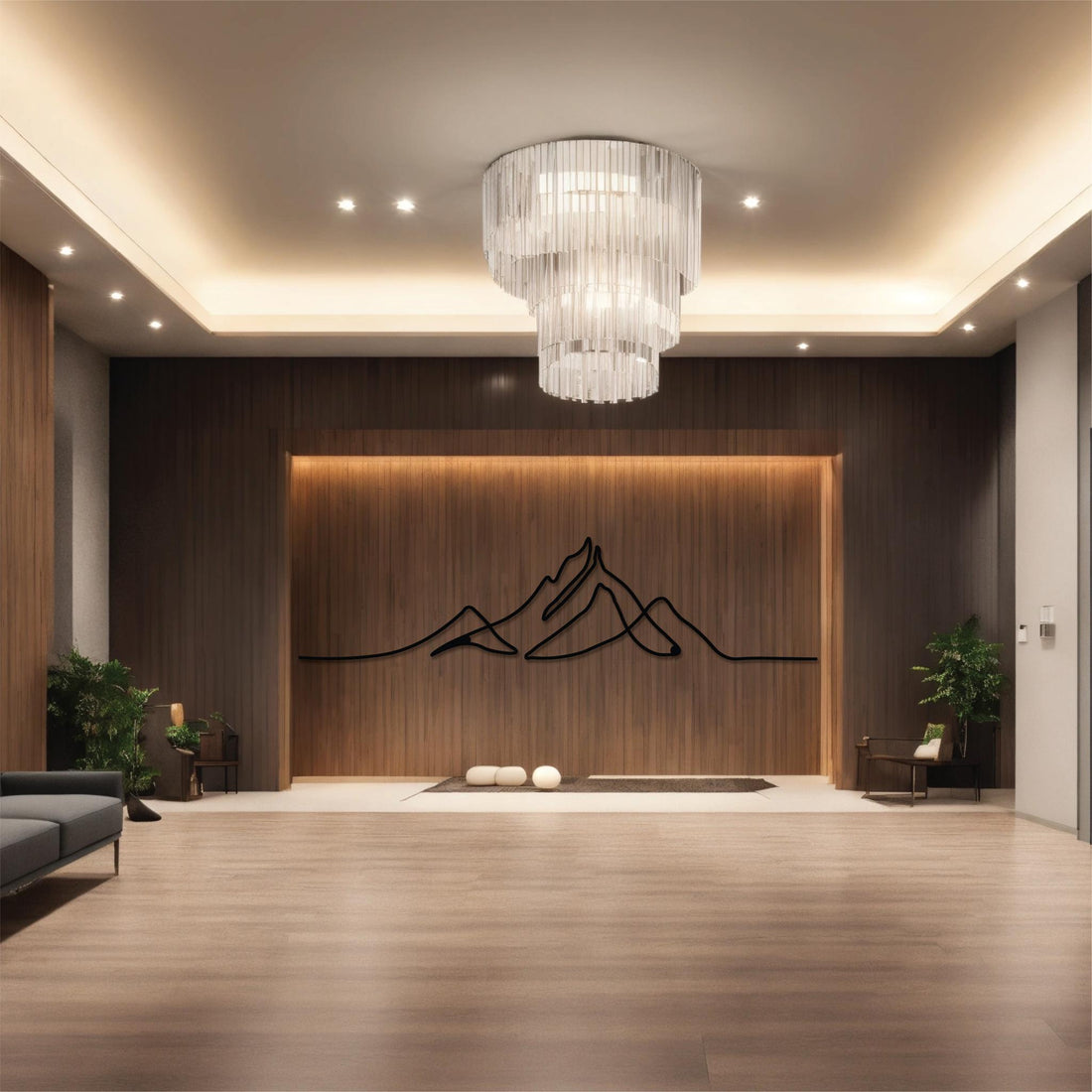 High-quality metal wall art featuring the "Line Mountain Metal Wall Art" crafted from durable steel with a sleek black powder-coated finish.