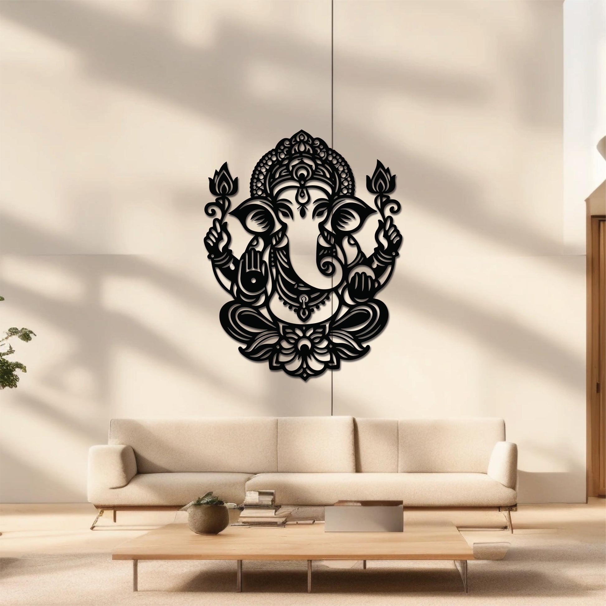 High-quality metal wall art featuring the "Lord Ganesh Metal Wall Art" crafted from durable steel with a sleek black powder-coated finish.