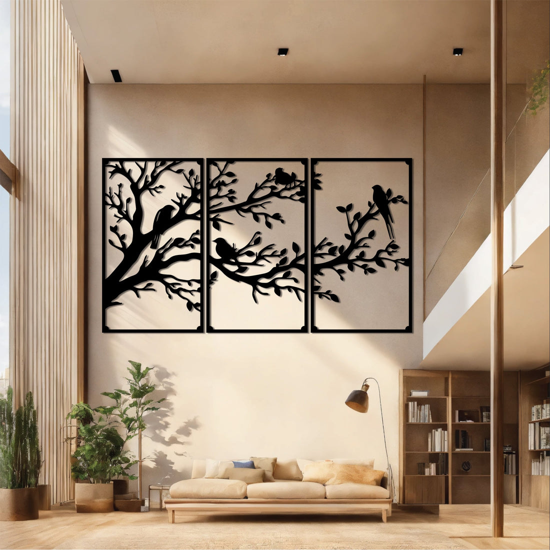 High-quality metal wall art featuring the "Framed Birds of the Trees Metal Wall Art" crafted from durable steel with a sleek black powder-coated finish.