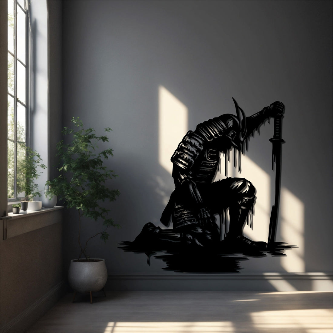 High-quality metal wall art featuring the "Kneeling Samurai Metal Wall Art" crafted from durable steel with a sleek black powder-coated finish.