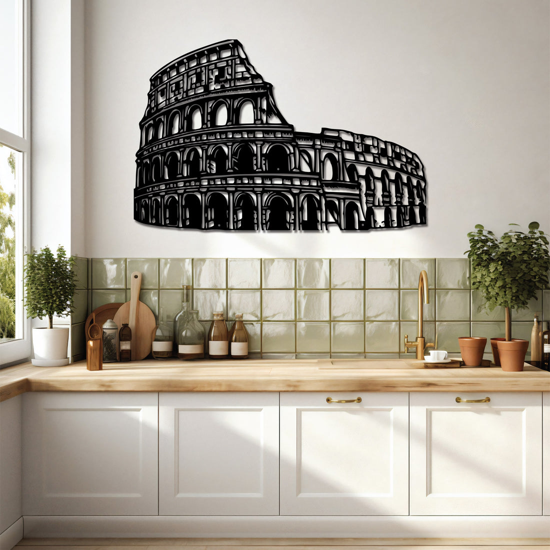 High-quality metal wall art featuring the "Roman Colosseum Metal Wall Art" crafted from durable steel with a sleek black powder-coated finish.
