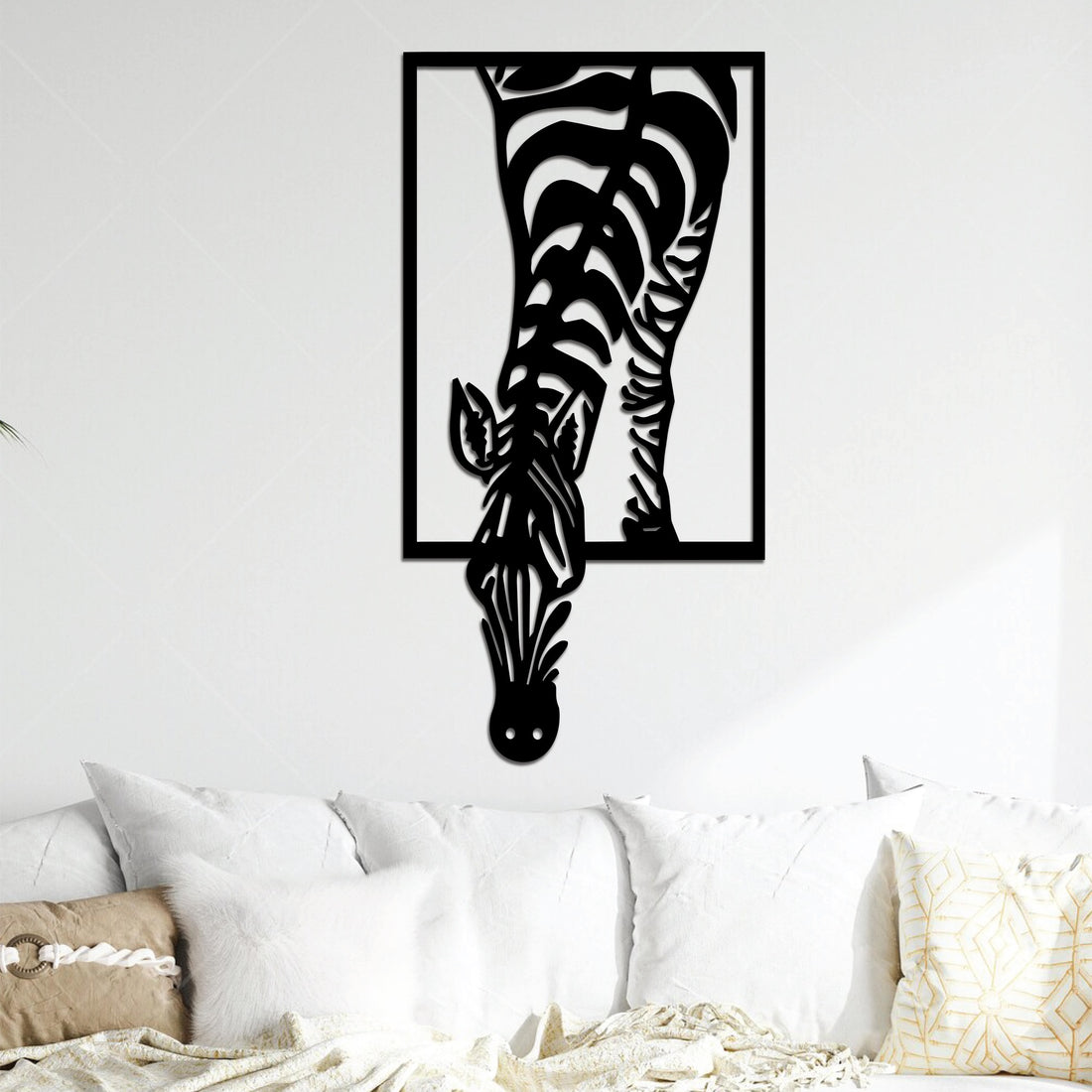 High-quality metal wall art featuring the "Abstract Zebra Metal Wall Art" crafted from durable steel with a sleek black powder-coated finish.