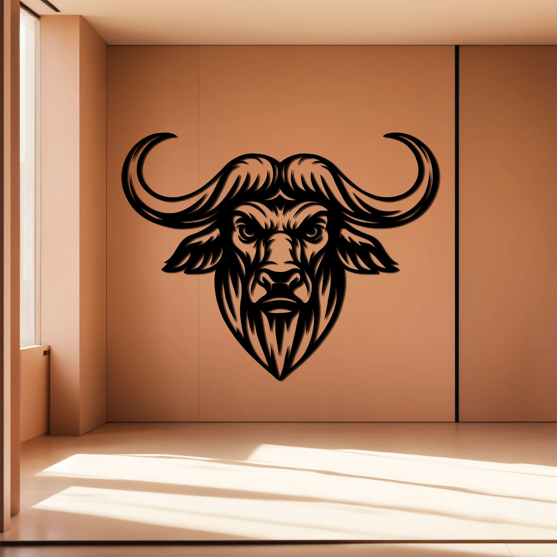 High-quality metal wall art featuring the "Alpha Buffalo Metal Wall Art" crafted from durable steel with a sleek black powder-coated finish.