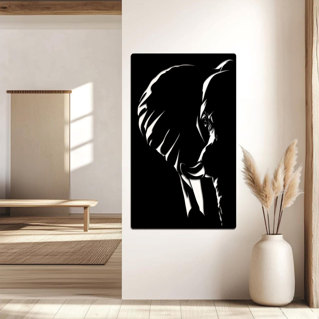 High-quality metal wall art featuring the "Ancient Elephant Metal Wall Art" crafted from durable steel with a sleek black powder-coated finish.