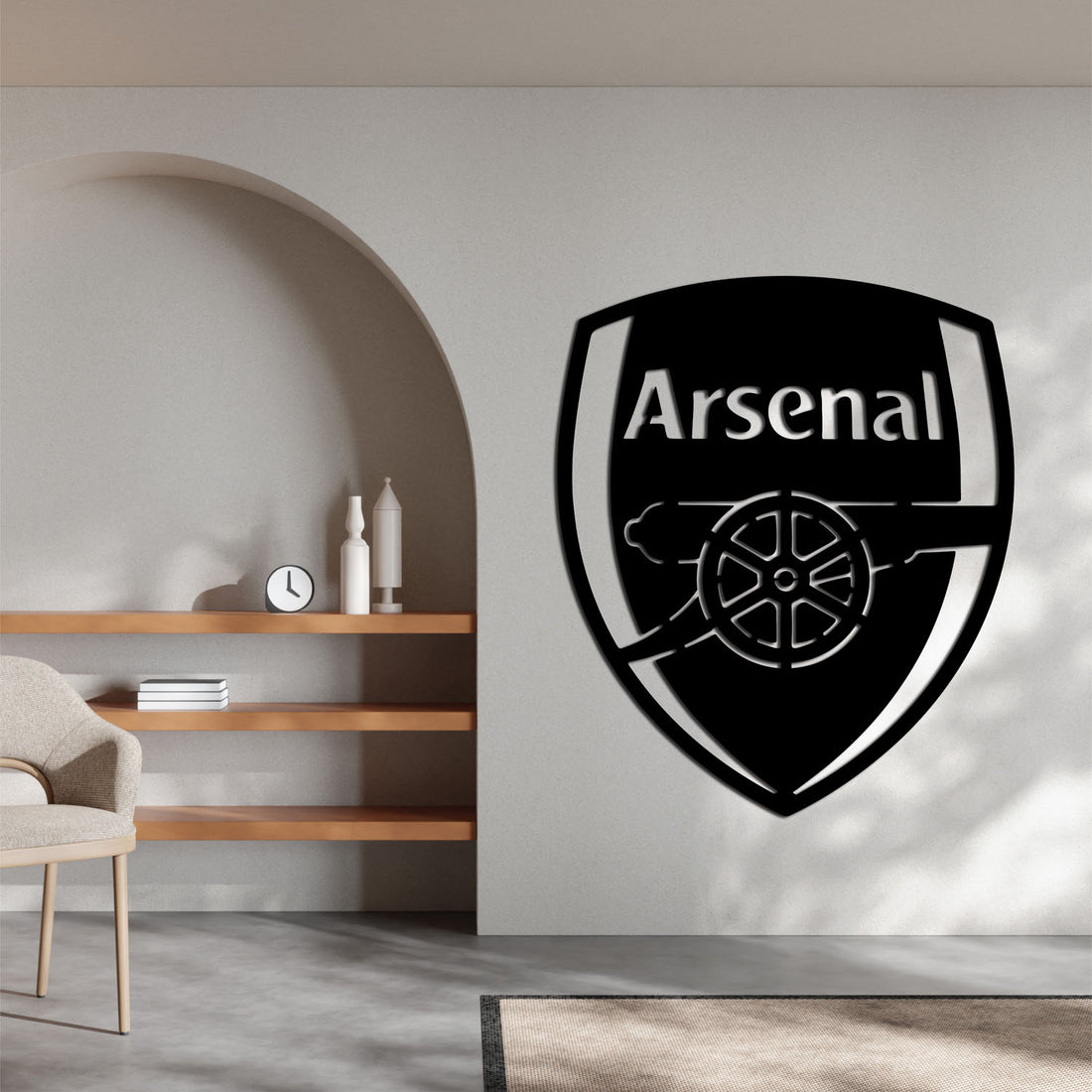 High-quality metal wall art featuring the "Arsenal FC Metal Wall Art" crafted from durable steel with a sleek black powder-coated finish.