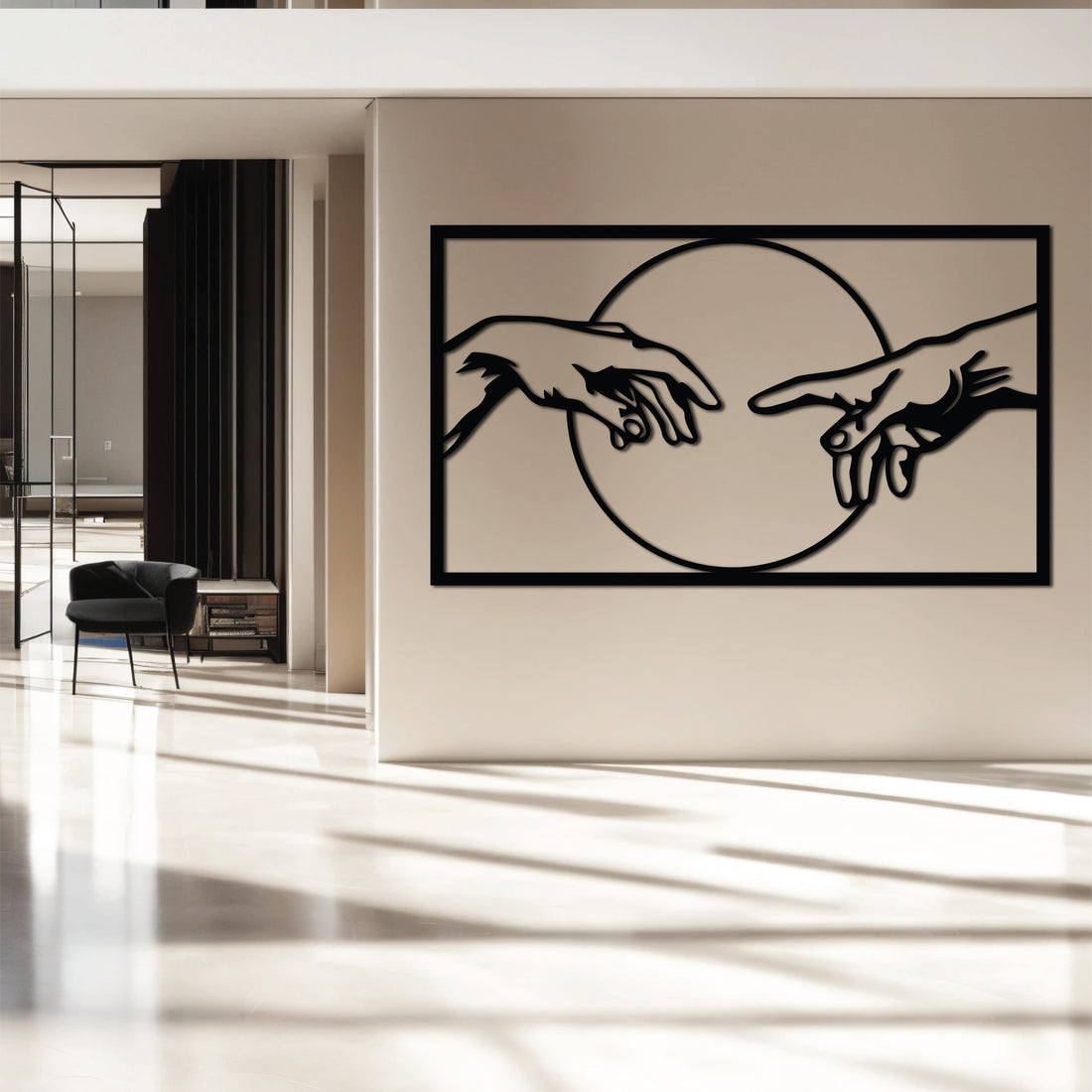 High-quality metal wall art featuring the "Creation of Adam" Metal Wall Art" crafted from durable steel with a sleek black powder-coated finish.
