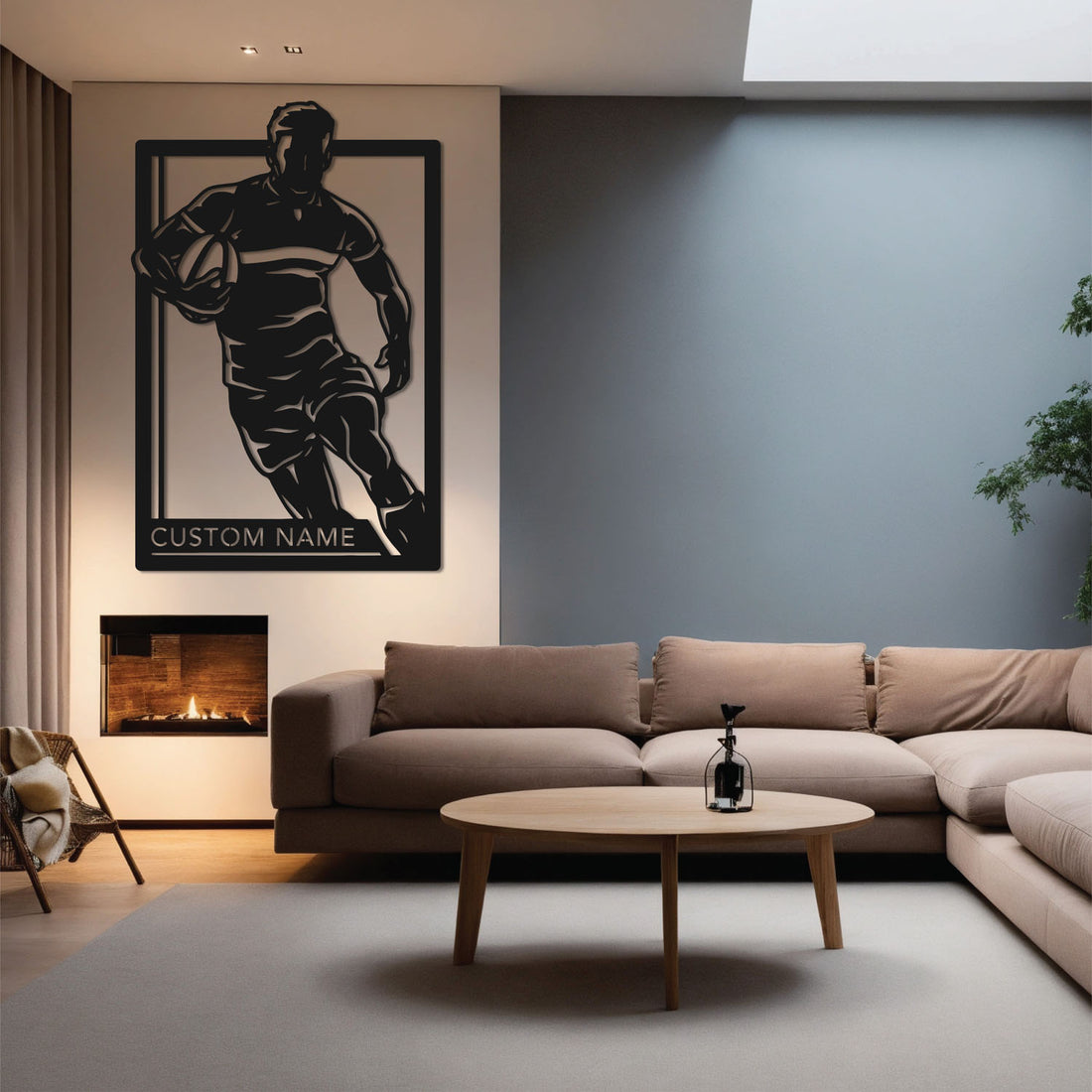 High-quality metal wall art featuring the "Custom Name Rugby Metal Wall Art" crafted from durable steel with a sleek black powder-coated finish.