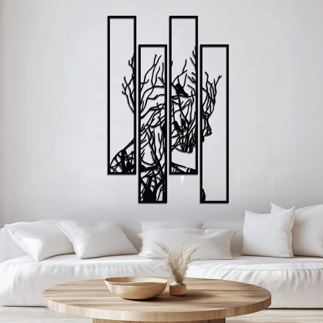 High-quality metal wall art featuring the "Framed in the Trees Metal Wall Art" crafted from durable steel with a sleek black powder-coated finish.