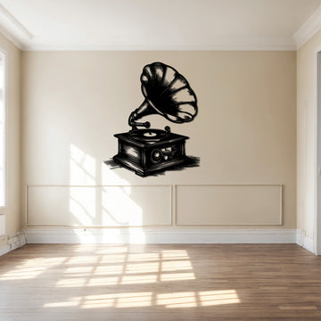 High-quality metal wall art featuring the "Gramophone Metal Wall Art" crafted from durable steel with a sleek black powder-coated finish.