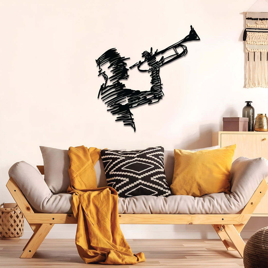 Jazz-themed metal wall art of a saxophone player, adding a creative and energetic touch to modern spaces.