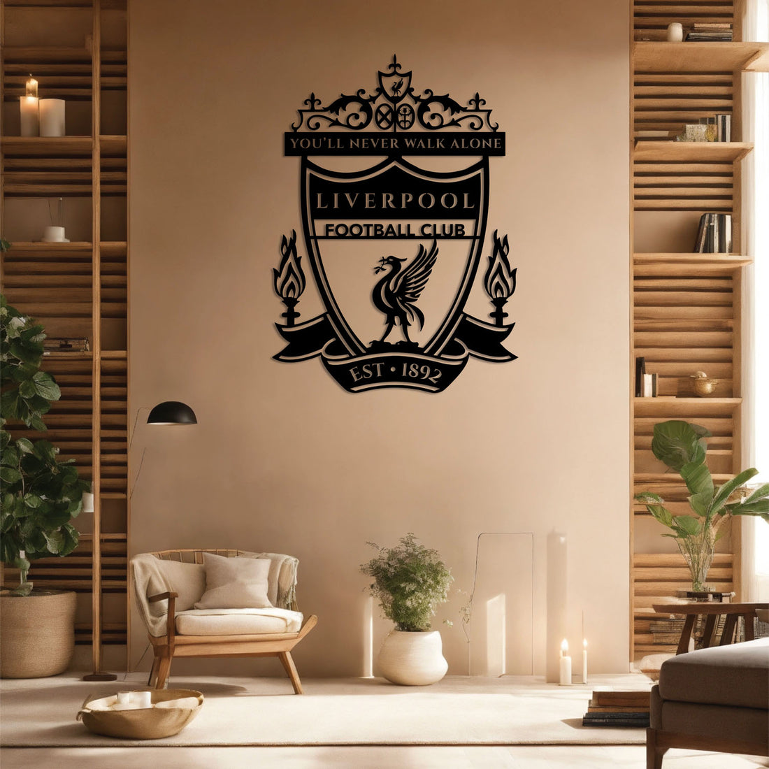 High-quality metal wall art featuring the "Liverpool FC Metal Wall Art" crafted from durable steel with a sleek black powder-coated finish.