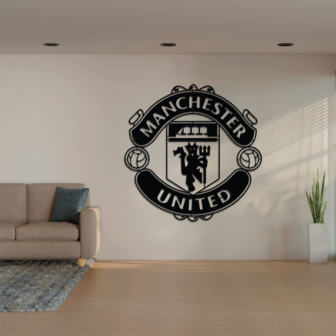 High-quality metal wall art featuring the "Manchester United FC Metal Wall Art" crafted from durable steel with a sleek black powder-coated finish.