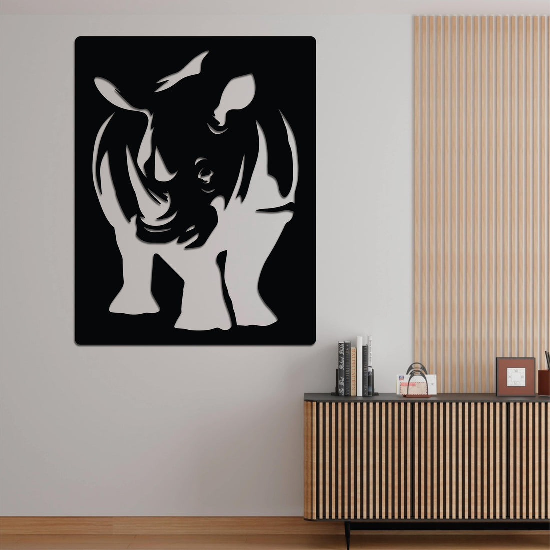 High-quality metal wall art featuring the "Negative Rhino Metal Wall Art" crafted from durable steel with a sleek black powder-coated finish.