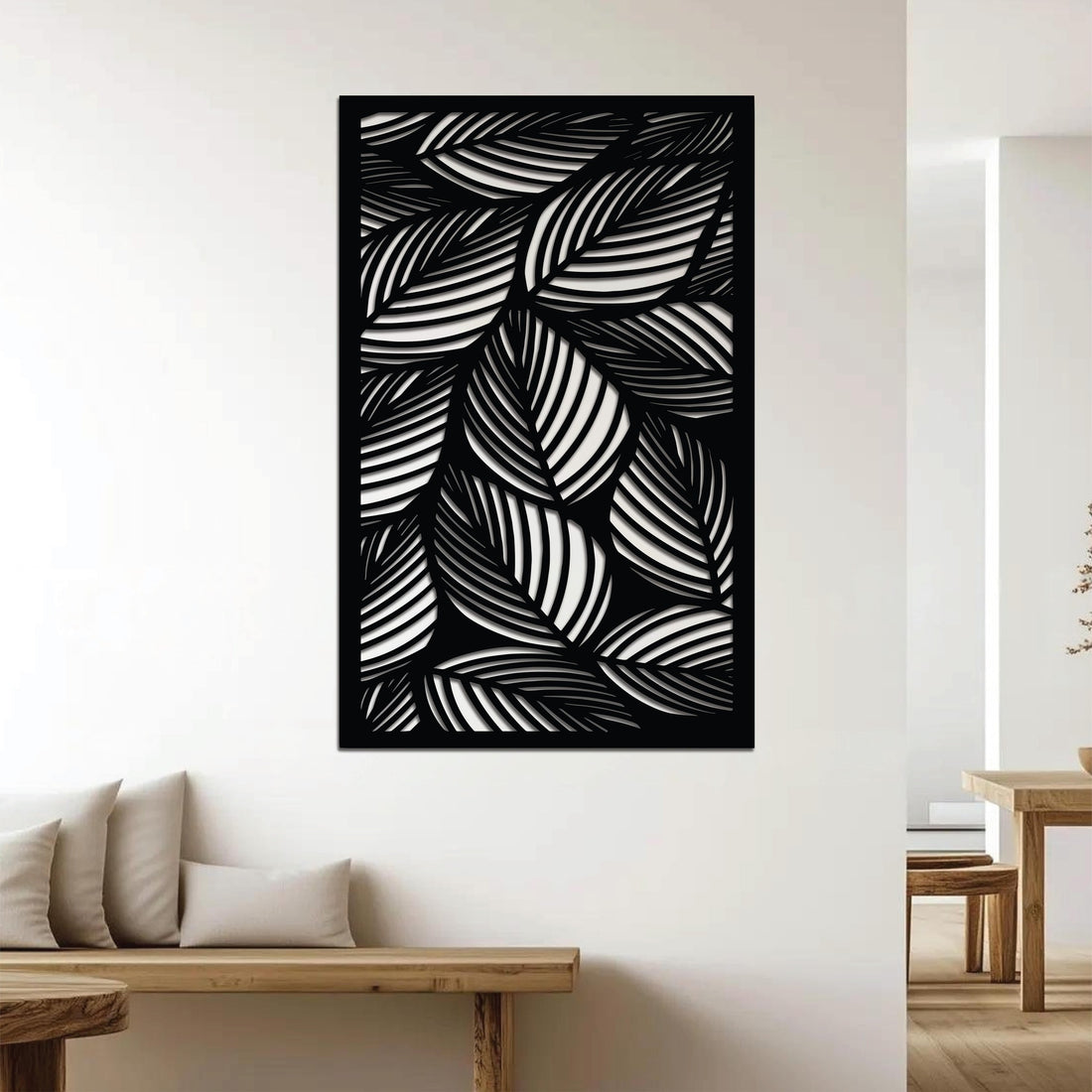 High-quality metal wall art featuring the "Palm Leaf Paradise Metal Wall Art" crafted from durable steel with a sleek black powder-coated finish.