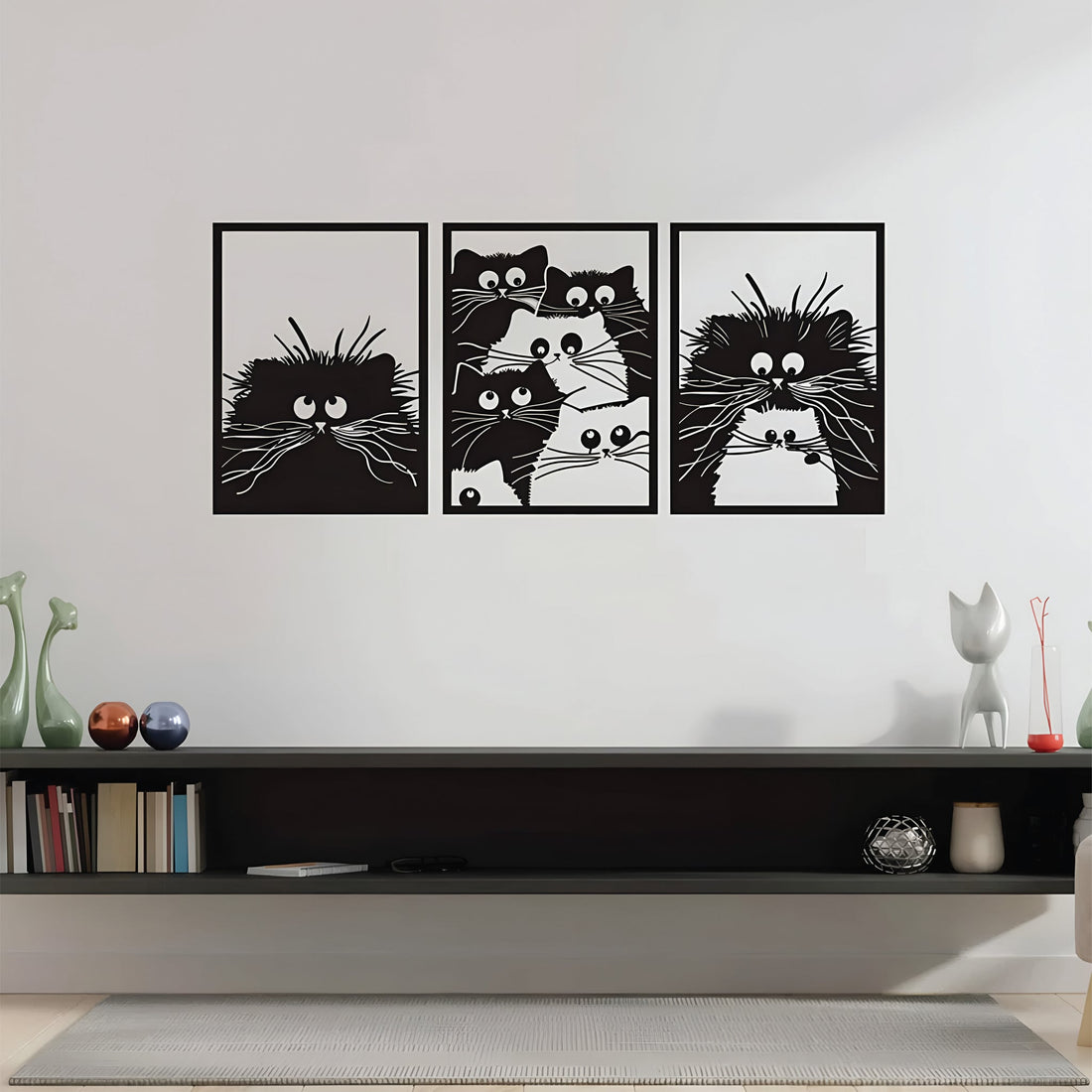Cat-themed metal wall art with quirky, expressive cat silhouettes, ideal for pet lovers and playful decor styles.