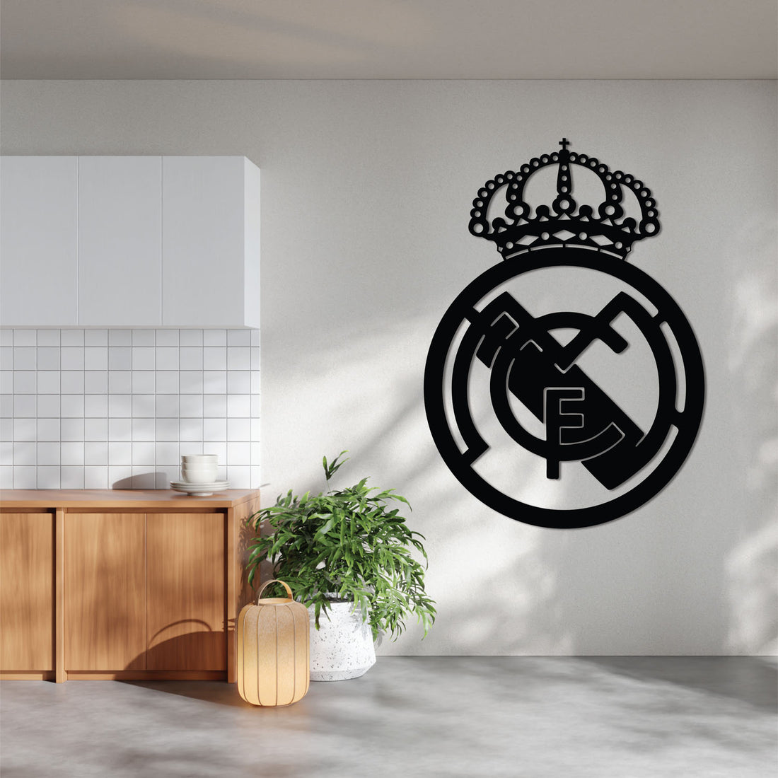 High-quality metal wall art featuring the "Real Madrid Metal Wall Art" crafted from durable steel with a sleek black powder-coated finish.