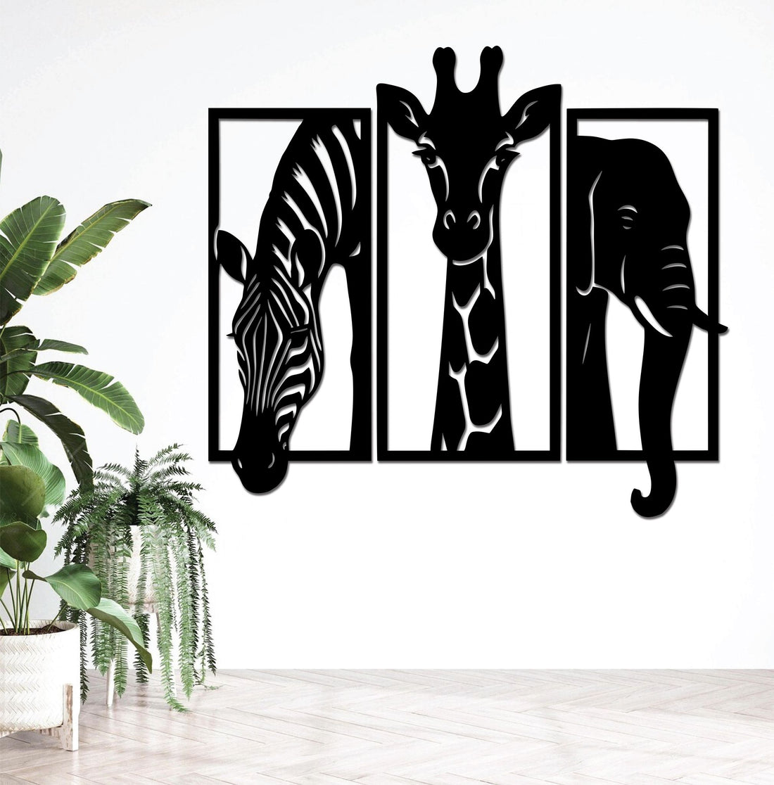 High-quality metal wall art featuring the "Safari Set Metal Wall Art" crafted from durable steel with a sleek black powder-coated finish.