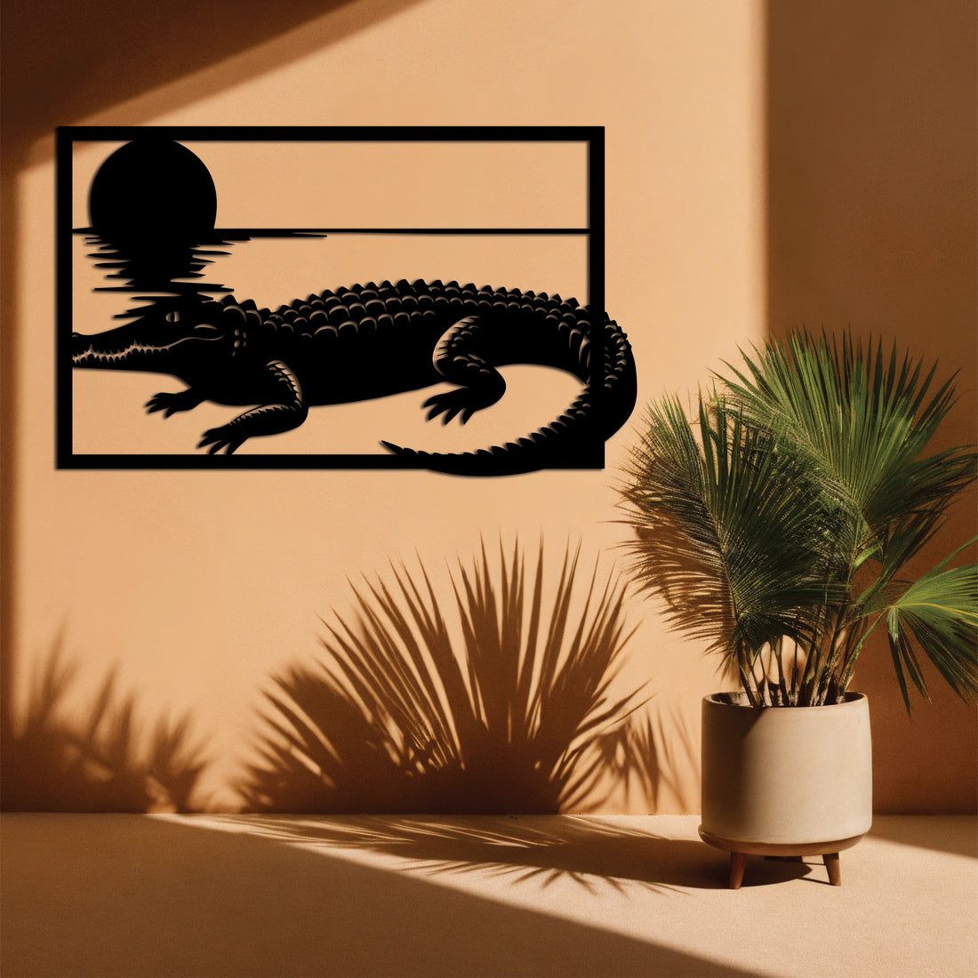 High-quality metal wall art featuring the "Sunset Crocodile Metal Wall Art" crafted from durable steel with a sleek black powder-coated finish.