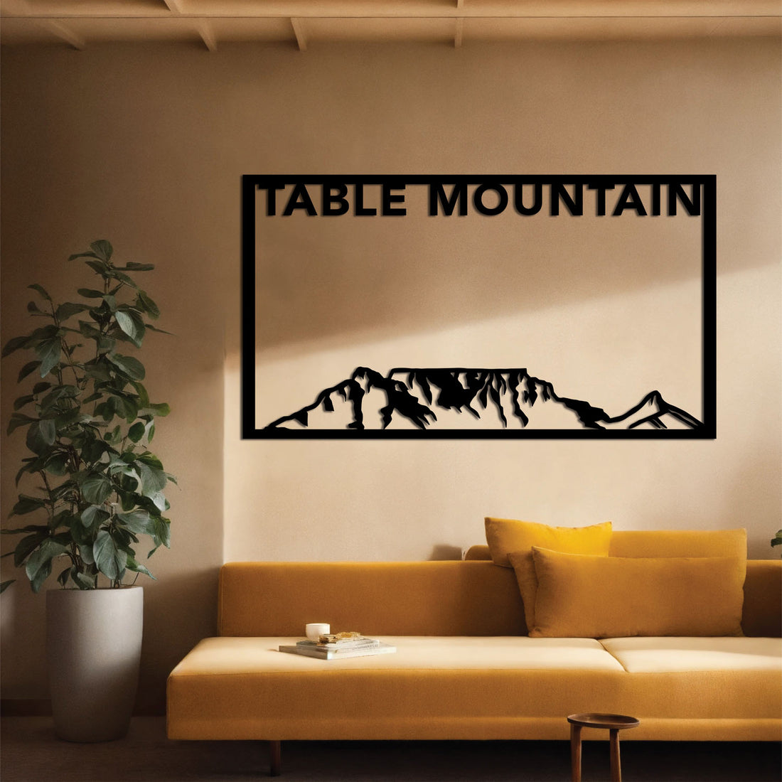 High-quality metal wall art featuring the "Table Mountain Framed Metal Wall Art" crafted from durable steel with a sleek black powder-coated finish.