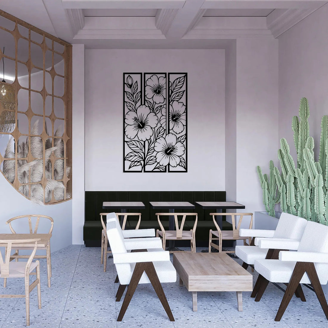 High-quality metal wall art featuring the "Three Flower Panel Metal Wall Art" crafted from durable steel with a sleek black powder-coated finish.