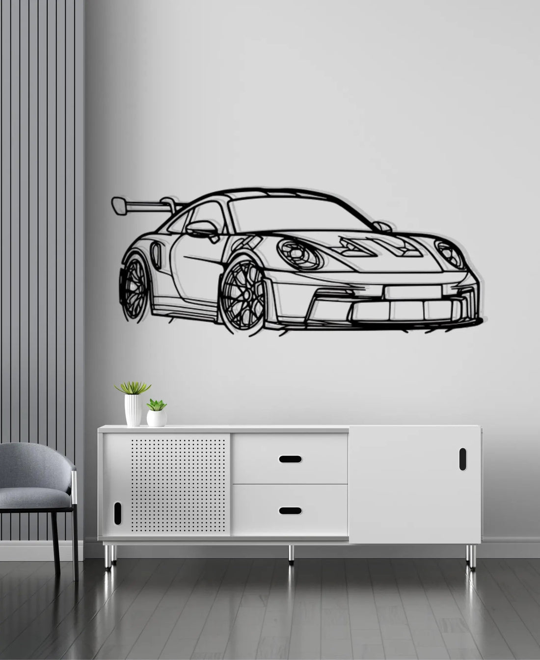 High-quality metal wall art featuring the "Porsche 911 Metal Wall Art" crafted from durable steel with a sleek black powder-coated finish.
