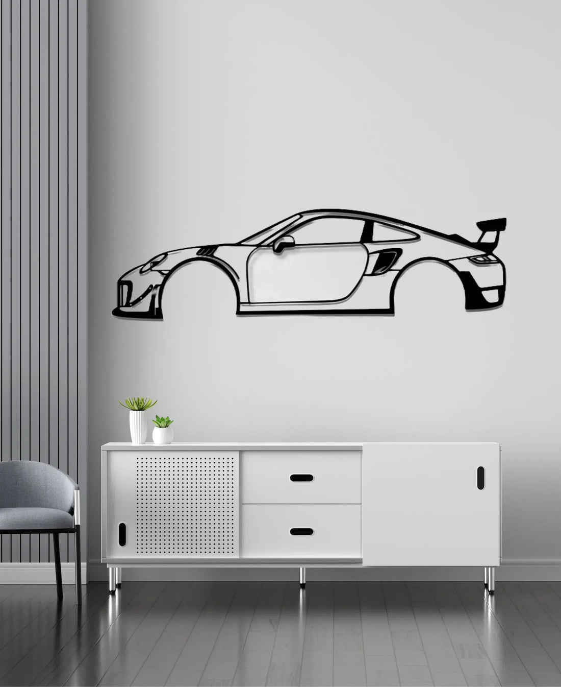 High-quality metal wall art featuring the "Porsche 911 Metal Wall Art" crafted from durable steel with a sleek black powder-coated finish.