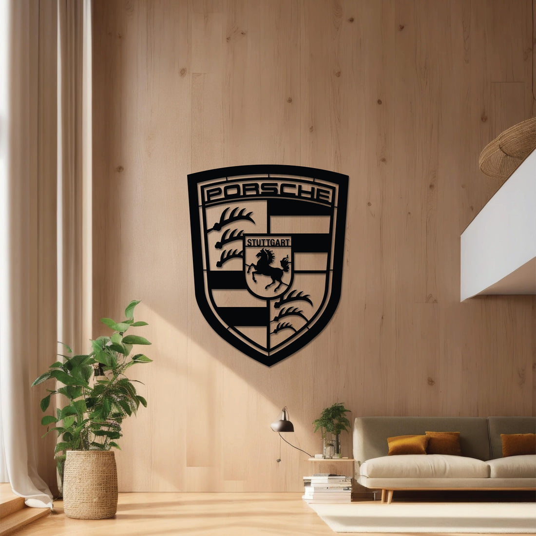 High-quality metal wall art featuring the "Porsche Logo Metal Wall Art" crafted from durable steel with a sleek black powder-coated finish.