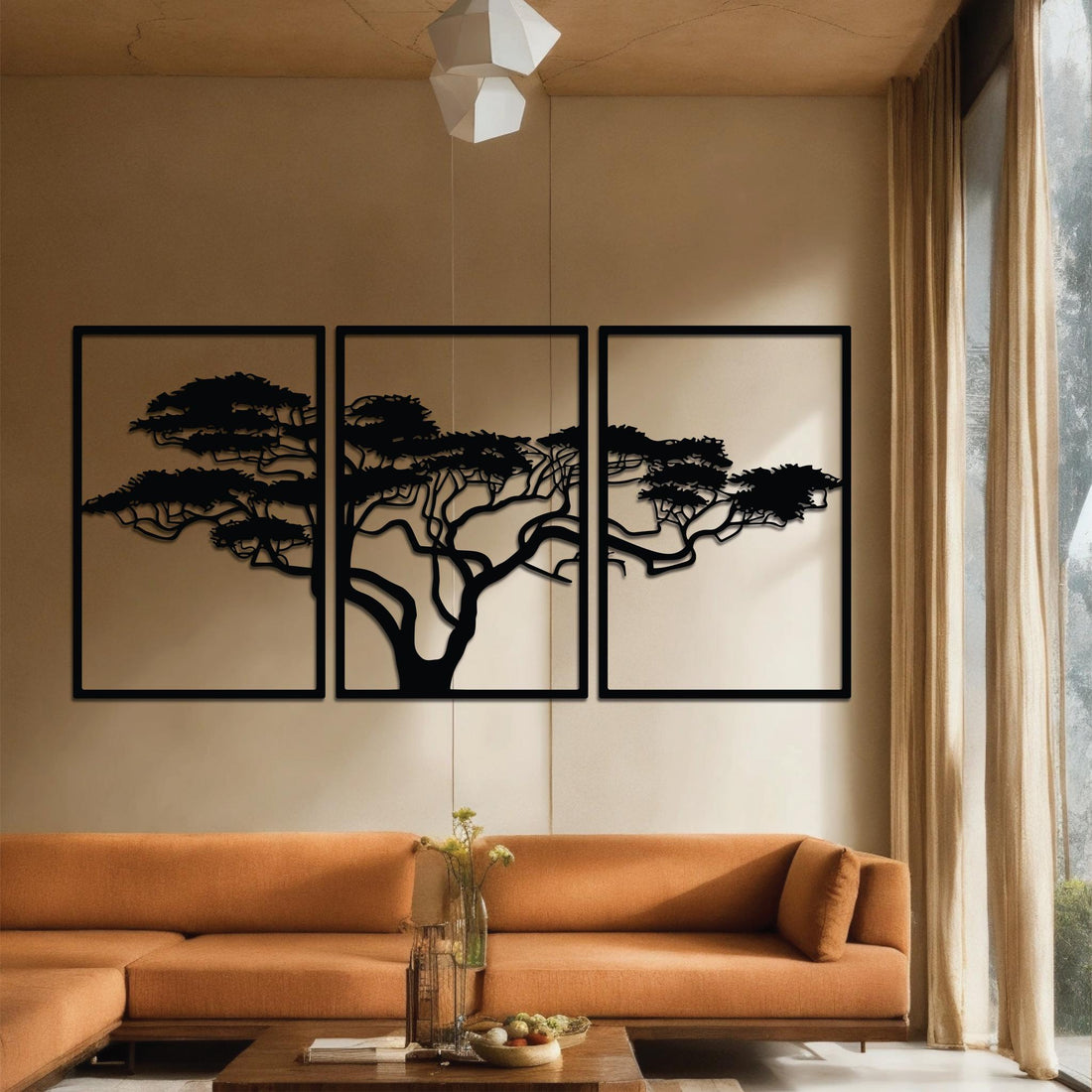 High-quality metal wall art featuring the "The Acacia Trifecta Metal Wall Art" crafted from durable steel with a sleek black powder-coated finish.