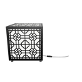 300mm metal cube lamp featuring a Celtic knot cut-out pattern, white plexiglass panels, and a textured black finish.