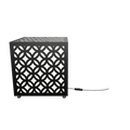 300mm metal cube lamp featuring a circle mosaic cut-out pattern, white plexiglass panels, and a textured black finish.