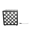 300mm metal cube lamp featuring a cross lattice cut-out pattern, white plexiglass panels, and a textured black finish.
