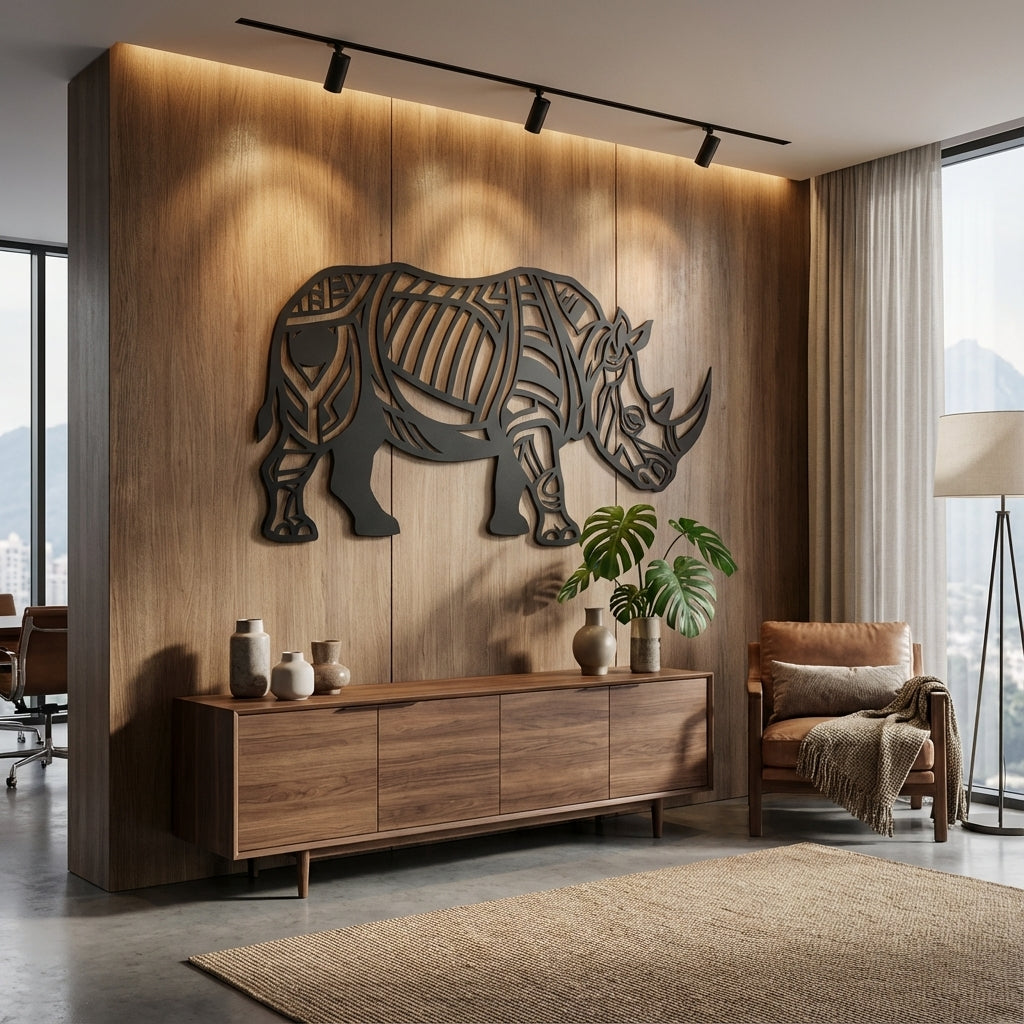Geometric Rhino Metal Wall Art - Interior Mockup